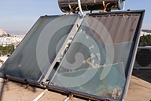 Broken and destroyed solar panel. Close up