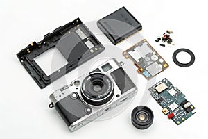 Disassembled compact camera, Flatlay photo