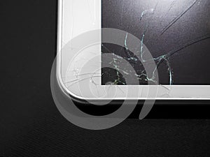 Broken display. Cracked glass tablet, device