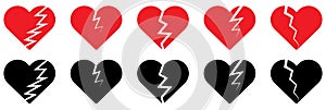 Broken or divorce hearts icon set