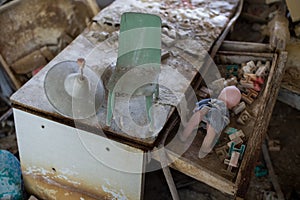 A broken doll in an abandoned kindergarten in Pripyat, Chernobyl exclusion zone. abandoned city, ghost town., Chornobyl Nuclear