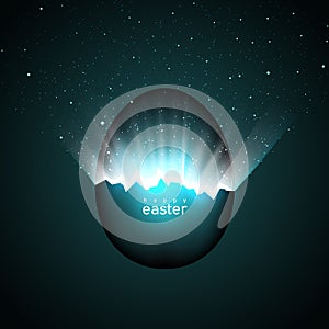 Broken easter egg and universe. Rays of light and space with stars from cracks in an easter egg on a dark background. Vector