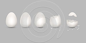Broken easter egg. White 3d shell. Break or open chicken eggshell, half and whole, animal or bird, fresh poultry farm