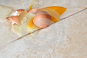 Broken egg on the floor with copy space on the right side.