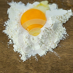 Broken egg on flour, means for making bread.