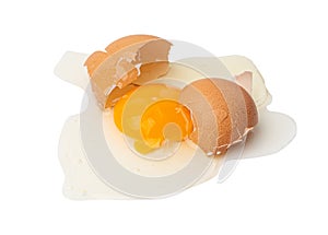 Broken Egg Isolated, Raw Yolk and White, Cracked Brown Shell, Fresh Broken Chicken Eggs on White Background