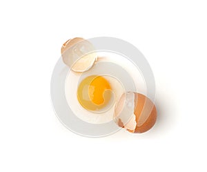 Broken Egg Isolated, Raw Yolk and White, Cracked Brown Shell, Fresh Broken Chicken Eggs on White Background