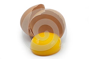 Broken egg and yolk isolated on white