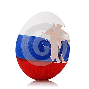 Broken egg painted in the color of Russian flag on white background. Concept on the subject of blow to Orthodoxy