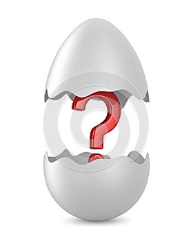 Broken egg and question on white background. Isolated 3d illustration