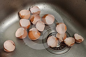 Broken egg shell in the washbasin