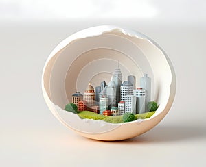 Broken egg with tiny city skyline built inside the eggshell Generative AI