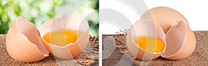 Broken egg with yolk and eggshell On a wooden table with a blurry garden background