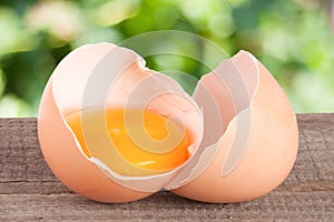 Broken egg with yolk and eggshell On a wooden table with a blurry garden background