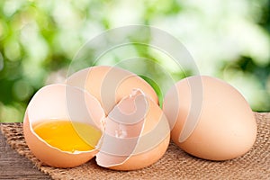 Broken egg with yolk and eggshell On a wooden table with a blurry garden background