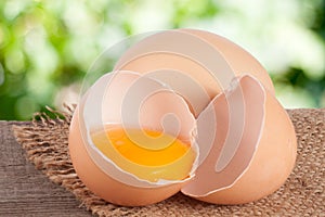 Broken egg with yolk and eggshell On a wooden table with a blurry garden background