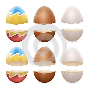 Broken eggs cracked open easter eggshell design 3d realistic icons set isolated vector illustration