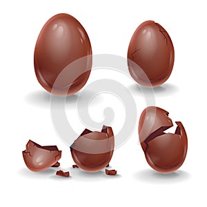 Broken eggs. Cracked open eggshell. Easter 3d realistic icons set isolated on white background vector illustration