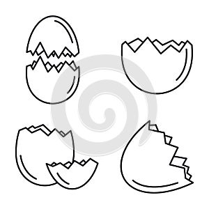 Broken eggshell icons set, outline style