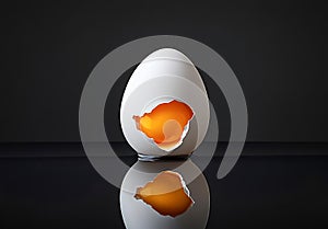 Broken eggshell with raw egg on a black minimalist surface reflective background