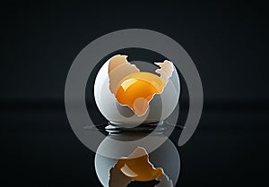 Broken eggshell with raw egg on a black minimalist surface reflective background