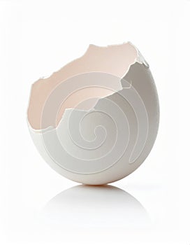 Broken Eggshell with White Interior on a White Background with Reflection