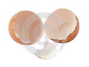 Broken eggshells on white background