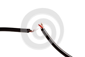 broken electrical cable with protruding wires and contacts isolated