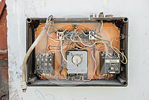 Broken electrical panel of abandoned factory