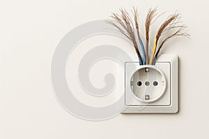 Broken electrical wires stick out of the socket. Space for text.