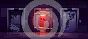 Broken elevators, abandoned lift with damaged door