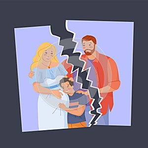 Broken family. Separated photo, marriage problem law divorce split relationship, parental breakup separation kid mother