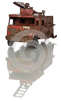 A broken fire truck on a white background