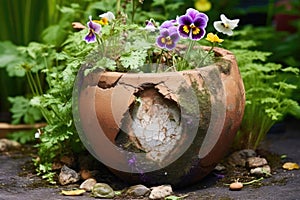 broken flower pot with soil spill in garden