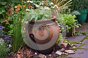 broken flower pot with soil spilling on garden path