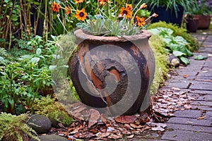 broken flower pot with soil spilling on garden path