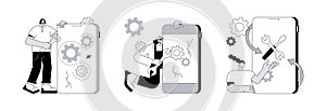 Broken gadget abstract concept vector illustrations.