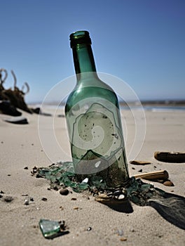 A broken glass bottle its shards tered in the sand.. AI generation