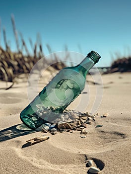 A broken glass bottle its shards tered in the sand.. AI generation