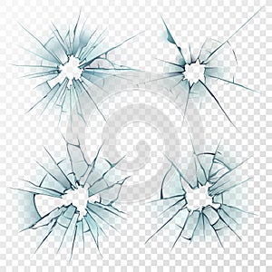 Broken glass. Cracked texture on mirror, smashed windows or damaged car windshield. Realistic crack hole vector set