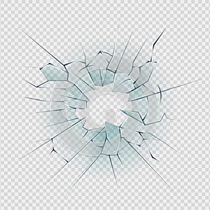 Broken glass. Cracked window texture realistic destruction hole in transparent damaged glass. Realistic shattered glass