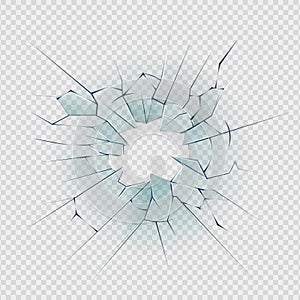 Broken glass. Cracked window texture realistic destruction hole in transparent damaged glass. Realistic shattered glass photo