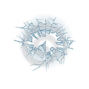 Broken glass. Cracked window. Texture of realistic destruction hole in transparent damaged glass. Vector realistic