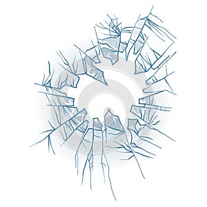 Broken glass. Cracked window. Texture of realistic destruction hole in transparent damaged glass. Vector realistic