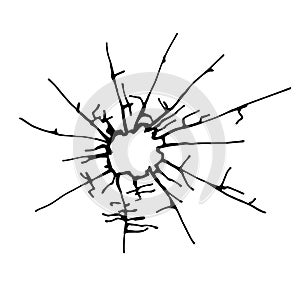 Broken glass, cracks, bullet marks on glass.