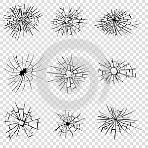 Broken glass, cracks, bullet marks on glass. High resolution. Vector illustration. Texture glass with black hole on