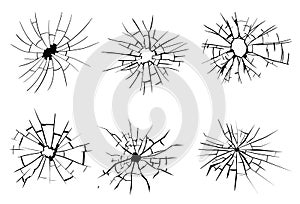 Broken glass, cracks, bullet marks on glass. High resolution. Vector illustration. Texture glass with black hole on