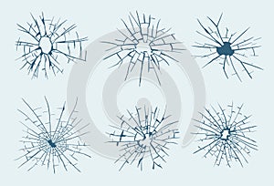 Broken glass, cracks, bullet marks on glass. High resolution. Vector illustration. Texture glass with black hole on cian