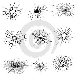 Broken glass, cracks, bullet marks on glass. High resolution. Vector illustration. Texture glass with black hole on white