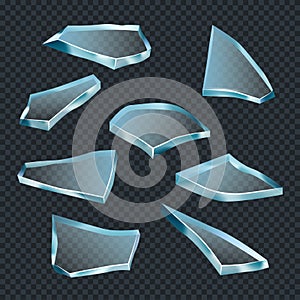Broken glass. Crash space shatter transparent shards abstract acute shapes vector realistic template